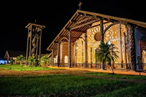 Bolivia Prints: Front portal of the Mission of Concepcion at night
