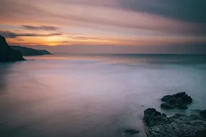 Tide Prints: Porthtowan beach looking along the Cornish coastline at sunset