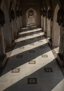 Portico Prints: Porticoes of Sultan Qaboos Mosque with sunlight coming from side, Muscat, Oman