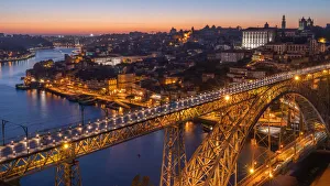 Connections Prints: Porto with bridge Ponte Dom Luis I over River Douro at night, Porto, Portugal, Europe