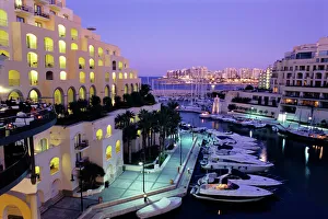Malta Prints: Portomaso Marina at dusk with Hilton Hotel, Paceville, St. Julian`s, Malta