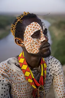 Ethiopian Prints: Portrait of a Karo tribesman with facial decoration in chalk imitating the spotted plumage of the guinea fowl