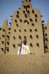 Djenne Prints: Portrait of man outside the Great Mosque, the largest dried earth building in the world