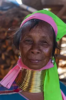Portrait of a Padaung woman (Giraffe woman) (Long-necked woman), Loikaw area, Panpet