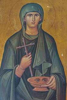 Sifnos Prints: Portrait of St. Lucy, lived 283-304 AD, interior of Agios Georgios Church, Heronissos
