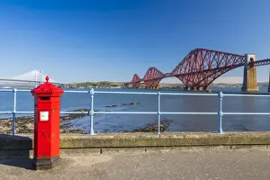 Post Box Prints: Post Box and Forth Railway Bridge, UNESCO World Heritage Site, Lothian, Scotland