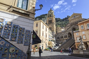 Byzantine Prints: Pottery shop, fountain and cathedral in spring, Amalfi, Costiera Amalfitana (Amalfi Coast)