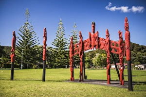Indigenous Culture Prints: Pouwhenua (Maori totem poles telling a story), Waitangi Treaty Grounds, Bay of Islands