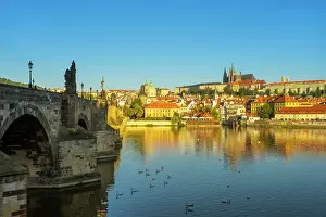 Vltava Prints: Prague Castle and Charles Bridge on Vltava River in city at sunrise