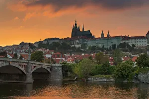 Vltava Prints: Prague Castle and Manes Bridge at sunset