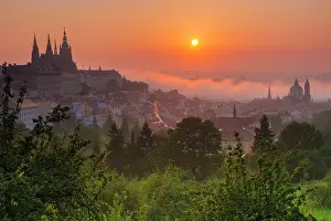 Czech Prints: Prague Castle, St. Nicholas Church and gardens of Petrin Hill at sunrise