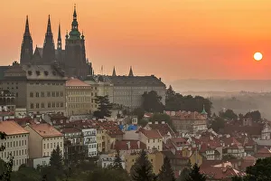 Spires Prints: Prague Castle at sunrise, UNESCO World Heritage Site