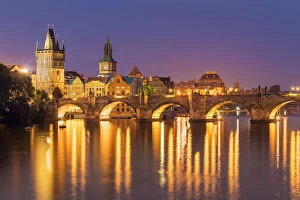Flowing Water Gallery: Prague Charles bridge, Old town bridge tower and river Vltava at night, UNESCO World