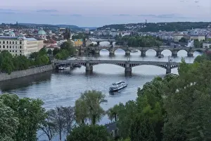 Mala Strana Prints: Prague cityscape looking down the Vltava River at its bridges connecting the Old