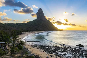 Praia da Conceicao at sunset with Morro do Pico, Fernando de Noronha, UNESCO World Heritage Site, Brazil, South America