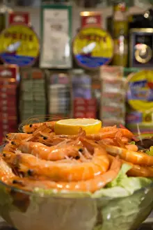 Closeup Shot Prints: Prawns in a traditional tapas bar in Madrid, Spain, Europe