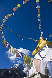 Religions Prints: Prayer flags and Buddhist stupa, Namche Bazaar, Solu Khumbu Region, Nepal, Himalayas, Asia