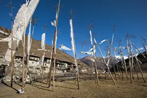 Bhutan Prints: Prayer flags at the small village of Chebisa in northern Bhutan on the Laya-Gasa trekking route