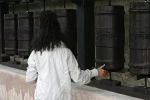Tibetan Prints: Prayer wheels in Dhagpo Kagyu Ling Tibetan Buddhist monastery, Saint-Leon sur Vezere