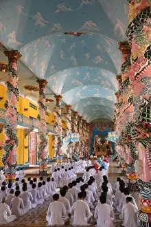 Dragon Prints: Praying devout men and women, ceremonial midday prayer, Cao Dai Holy See Temple, Tay Ninh