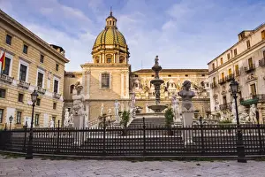 Piazza Pretoria Prints: Pretoria Fountain in Piazza Pretoria with the dome of Church of San Giuseppe dei Teatini