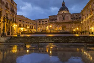 Palermo Gallery: Pretoria Square and Cupula of the Santa Caterina d Alessandria Church reflected in a puddle