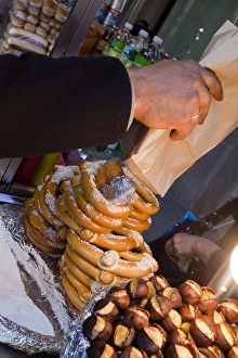 Buying Prints: Pretzels and chestnuts for sale on Fifth Avenue, Manhattan, New York City