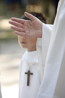 Images Dated 15th August 2009: Priest and altar boy, La Roche-sur-Foron, Haute Savoie, France, Europe