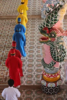Priest Prints: Priests and dragon column, Cao Dai Holy See Temple, Tay Ninh, Vietnam, Indochina