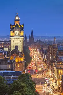 Clock Tower Prints: Princes Street, Balmoral Hotel and Edinburgh City centre at night, Edinburgh, Midlothian