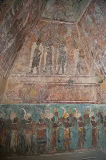 Ritual Prints: A procession of musicians in the lower panel and Maya nobles attending a ceremony at court in the top panel in Room 1