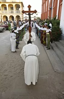 Procession outside Lome cathedral, Lome, Togo, West Africa, Africa