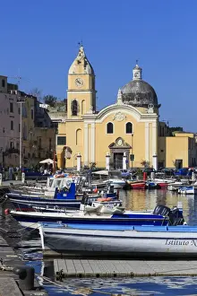 Procida Porto, Marina Grande boats and Santa Maria della Pieta church, Procida Island