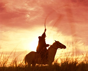 Horse Back Prints: Profile of a stockman on a horse against the sunset, Queensland, Australia, Pacific