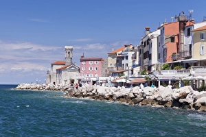 Primorska Prints: Promenade and church of Santa Clemente at sunset, Piran, Istria, Slovenia, Europe