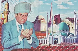 Customs Prints: Propaganda poster of Turkmenbashi the former leader of Turkmenistan, Central Asia, Asia