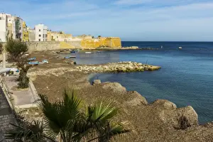 Trapani Prints: Protected cove and city walls seen from Via Mura Di Tramontana Ovest on sea front of this northwest fishing port