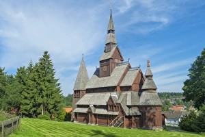 Lutheran Prints: Protestant Gustav Adolf Stave Church, Hahnenklee, Harz, Lower Saxony, Germany, Europe