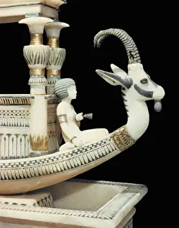 Black Background Prints: Prow of the alabaster boat showing the head of a Syrian ibex and a figure thought to be princess Mutnedjmet