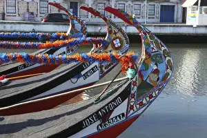 The prows of gondola-like Moliceiros, boats used to give tourists rides along the canals of Aveiro