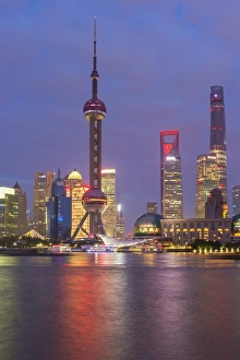 Shanghai Prints: Pudong financial district skyline at night, Shanghai, China, Asia