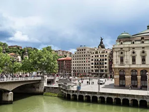 Cultural Landmark Prints: Puente del Arenal over the River Nervion and the Arriaga Theatre