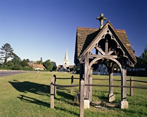 Machine Prints: Pump, village green and church in the distance, Brockham, near Dorking