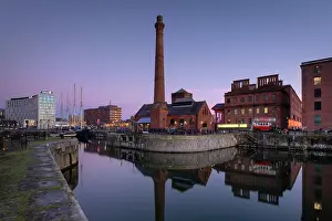 Liverpool Prints: The Pumphouse and buildings of Albert Dock viewed over Canning Dock at twilight