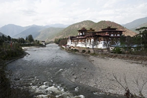 Bhutan Prints: Punakha dzong (monastery), old capital of Bhutan, at the confluence of the Pho chu