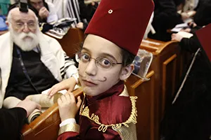 Synagogue Prints: Purim celebration in the Belz Synagogue, Jerusalem, Middle East