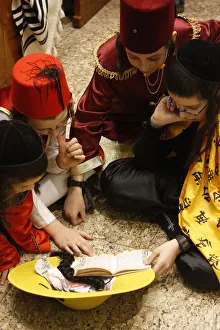 Synagogue Prints: Purim celebration in the Belz Synagogue, Jerusalem, Middle East