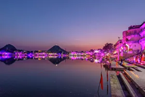 Holi Prints: Pushkar Lake at dusk, Pushkar, Rajasthan, India, South Asia, Asia