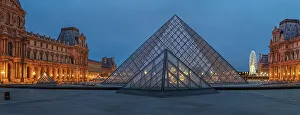 Modern Design Prints: Pyramide at Louvre Museum at dusk, Paris, Ile de France, France, Europe