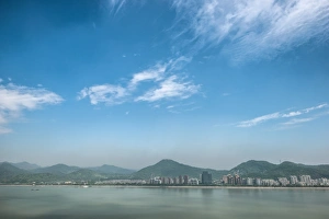 Hangzhou Prints: Qiantang River, hills and high rises of Hangzhou, Zhejiang, China, Asia
